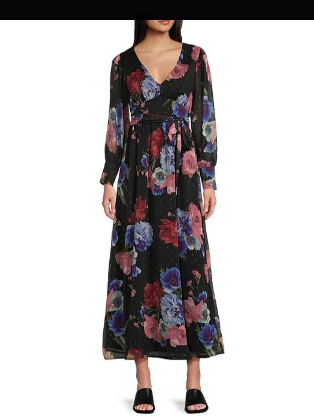 Evolutionary Floral Metallic Clip Dot Maxi Dress Black Multicolor Long Sleeve